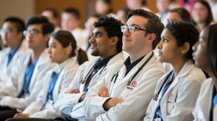 Fototapeta premium A group of young medical students eagerly listen as a renowned doctor discusses his groundbreaking discovery in the field of neurology. The lifechanging treatment for a rare disease .