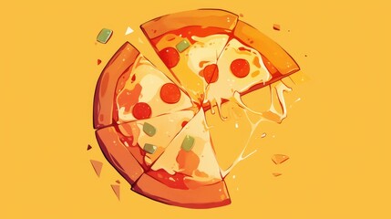 Iconic 2d illustration of a sliced pizza sign featuring a round and symbolical design
