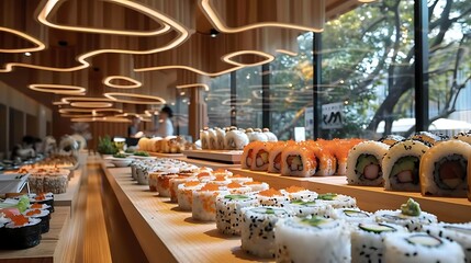 Modern sushi restaurant interior with a variety of sushi on a conveyor belt under stylish lighting fixtures for a contemporary dining experience. 