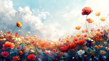 A vibrant illustration of a poppy field with a myriad of colorful flowers under a bright, cloudy sky  - obrazy, fototapety, plakaty