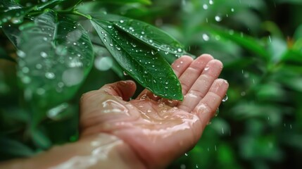 Water drops onto hand under green leaves with bokeh foliage background