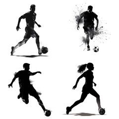 Silhouettes of soccer players showcasing skillful moves.