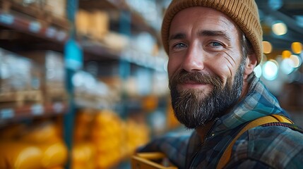 Smiling bearded man in a beanie posing inside a warehouse with racks of products blurred in the background. 