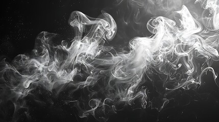 Elegant white smoke swirls gracefully on a black background, creating an abstract and mysterious...