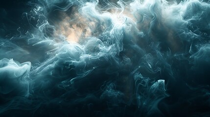 Obraz premium Ethereal blue smoke swirling against a dark background with a hint of warm light at the center, evoking a mysterious atmosphere. 
