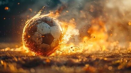 Football on fire on a field at sunset - obrazy, fototapety, plakaty