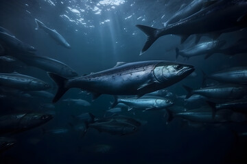 A shoal of fish swims in the tranquil, sunlit depths of the sea.