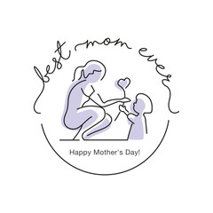 Best mom ever Happy Mothers Day handwritten calligraphy lettering pastel purple line design stamp badge draw of giving heart flower and love to mom on white background