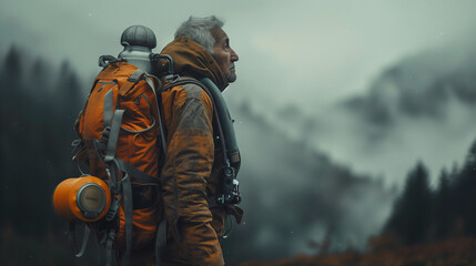 Fototapeta premium old person going on an adventure with hiking backpack and equipment