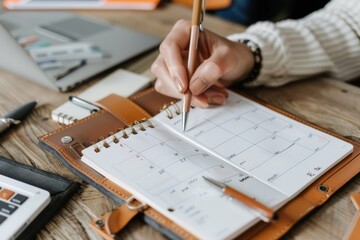 A person using a planner to organize tasks and appointments, emphasizing efficient time management skills.