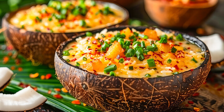 Delectable coconut curry served in natural bowls