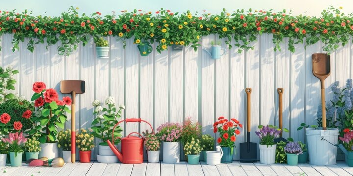 Gardening tools and flowers on wooden terrace, 3d rendering