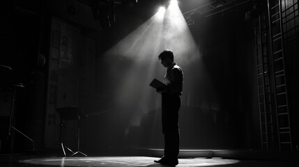 A dramatic black and white image of a director standing alone on a dimly lit stage their script held tightly against their chest as they immerse themselves in the story and characters. .