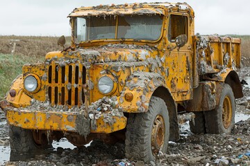 Old Yellow Truck in Muddy Field - obrazy, fototapety, plakaty