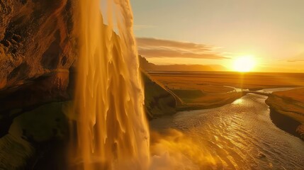 view of the waterfall at sunset - obrazy, fototapety, plakaty