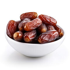 Plate with dried dates on white background.