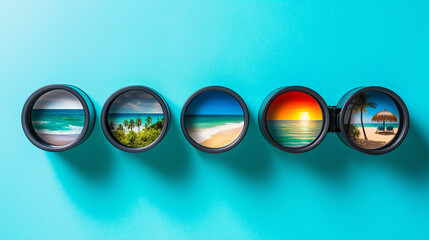 Progression of a beach day through camera lenses against a turquoise backdrop