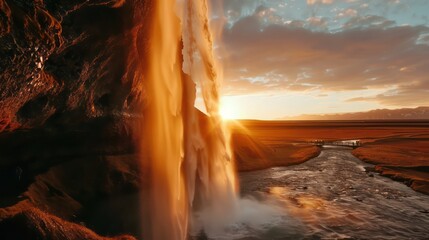 view of the waterfall at sunset - obrazy, fototapety, plakaty