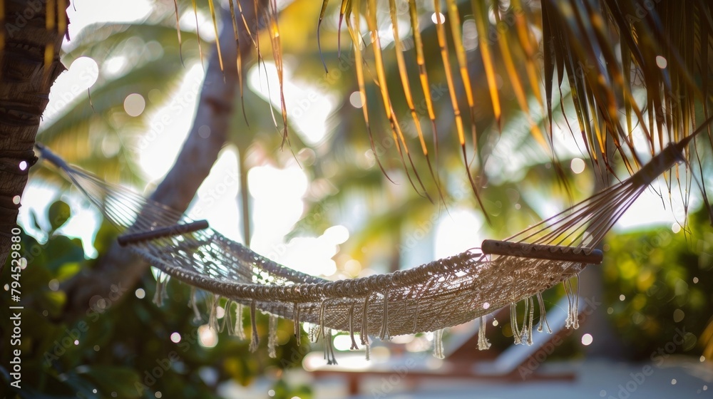 Poster a picturesque island scene with a hammock strung between two palm trees inviting visitors to take a 