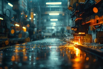 Futuristic city in rain with bright lights, towering buildings, and wet streets