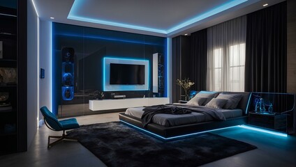 Fototapeta na wymiar Modern smart home design with monitor screen and blue neon lights. Generative ai