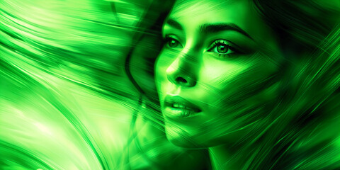 A portrait of a woman with green hair, set against a blurred background that appears to be a swirl of light.