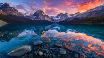 A beautiful mountain lake with a pink and orange sky in the background - obrazy, fototapety, plakaty