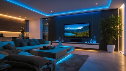 Modern smart home design with monitor screen and blue neon lights. Generative ai
