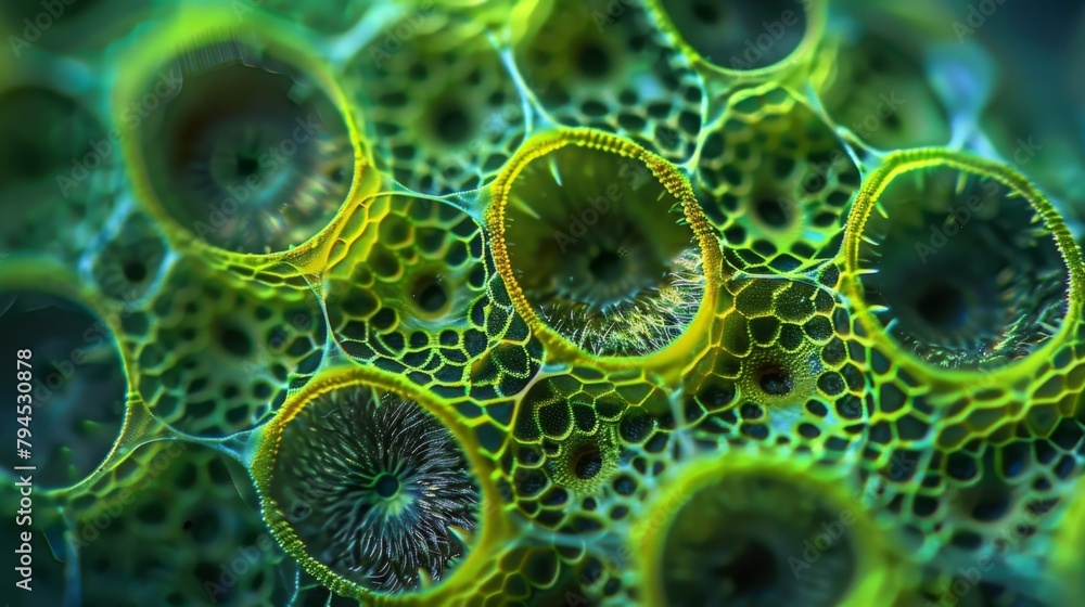 Poster an upclose image of a pollen grain showing tiny pores and grooves that seem to glow under the micros