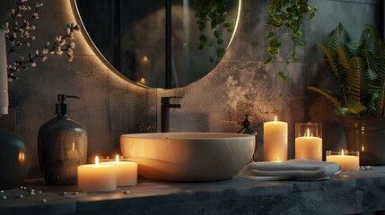 Stylish Bathroom Decor with Lit Candles Mirror and Sink