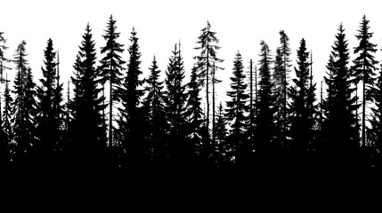 Silhouette of tall pine trees in the forest, vector illustration, black on white background, simple design, high contrast, detailed illustration