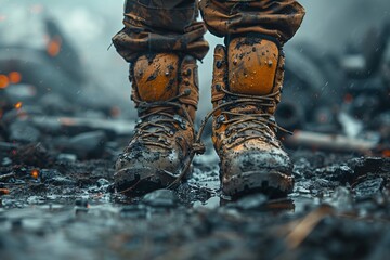 A soldier with muddy boots stands in camouflage patterned mud - obrazy, fototapety, plakaty