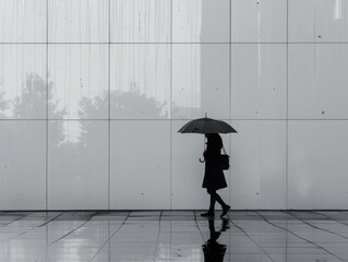 A woman walks down a wet sidewalk holding an umbrella