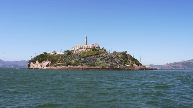 Close up view of the Alcatraz prison island in the middle of the San Francisco bay, USA.
