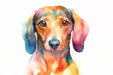 Watercolor Dachshund isolated on white background. Pet portrait with copy space...