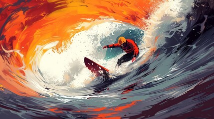 Captivating illustration of a surfer in a red wetsuit carving a path on a wave, with a backdrop of a fiery orange and red swirl.