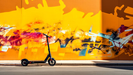 Electric scooter stands on pavement, yellow wall with modern graffiti on background. Urban...