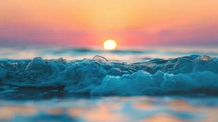 Poster Beautiful closeup sea water surface. Sunset sunrise gold blue colors calm soft waves relaxing horizon. Dream fantasy shallow focus, blur seascape sky. Tranquil peaceful nature pattern © Shami