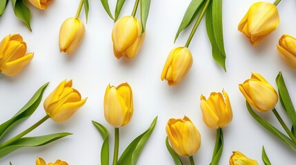 Beautiful composition of tulip, spring flowers. Yellow tulips flowers on white background. Valentine's Day, Easter, 8th march, Happy Women's Day, Mother's Day. Flat lay, top view, copy space - obrazy, fototapety, plakaty