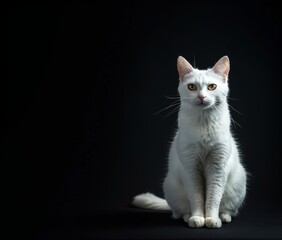 Beautiful white cat with stunning eyes staring at camera against dark black background