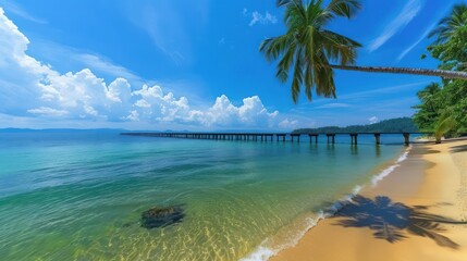 Tropical Beach with traditional Huts and palm trees on beautiful seashore background