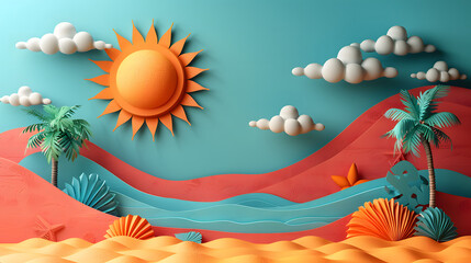 Paper cut 3d summer illustration with sun and bright background with copy space, very detailed and realistic