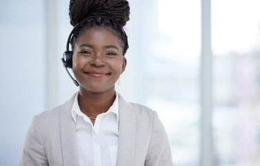 Black woman, headset and portrait in office for customer support, online service and telemarketing...