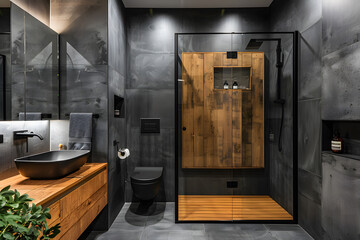 Contemporary modern bathroom interior in dark black colors, concrete and wooden elements.