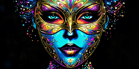 A close-up of a person's face, which is painted or digitally altered to resemble a mask with vibrant colors and intricate designs.