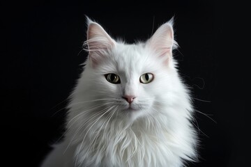 Beautiful white cat staring into the camera on dark background with copy space for text