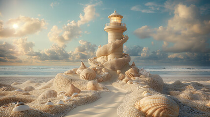 Surreal seashell path leading to sand sculpture lighthouse under a cloudy sky - obrazy, fototapety, plakaty