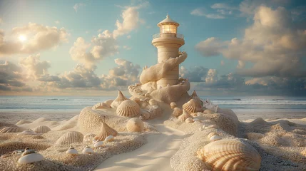 Zelfklevend Fotobehang Surreal seashell path leading to sand sculpture lighthouse under a cloudy sky © Blue_Utilities
