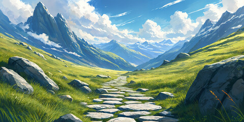A serene landscape with a winding stone path leading through a grassy field towards majestic mountains under a clear blue sky.