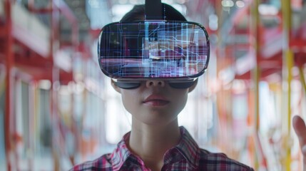 A headshot of an engineer wearing virtual reality goggles completely immersed in a digital simulation of a construction site. With gestures and movements they interact with the software .